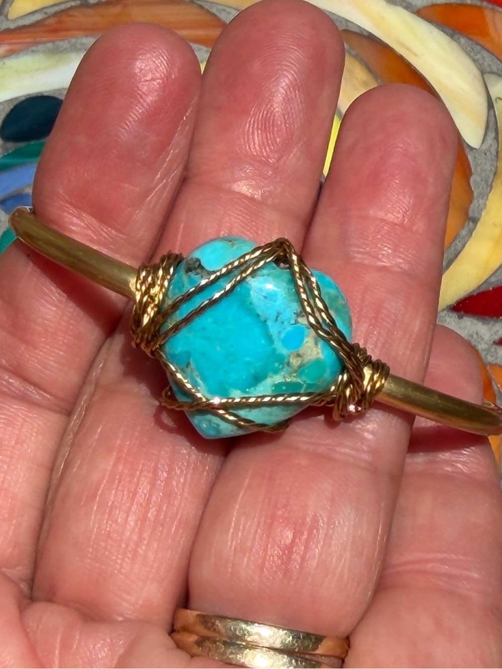 Gold Wire-Wrapped Turquoise Heart Stone Bracelet Cuff